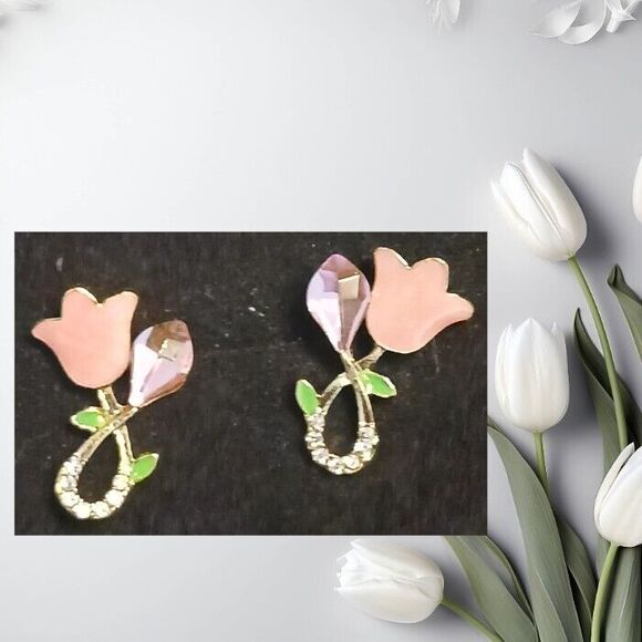 Pink Enamel Tulip Flower Stud Earrings Rhinestones Women - Picture 4 of 8